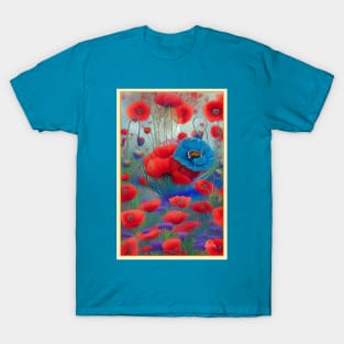 Pretty field of poppies colorful red and blue poppy flowers T-Shirt